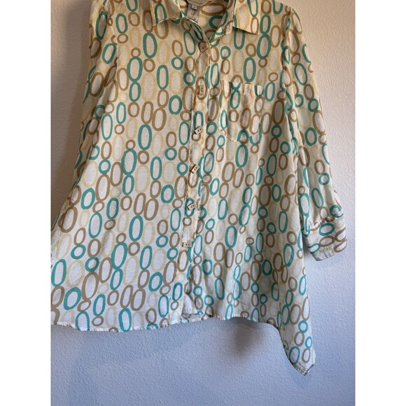 Multiples Women's Turquoise Tan Button Down Tunic Shirt Long Sleeve Asymmetric M - Picture 4 of 11